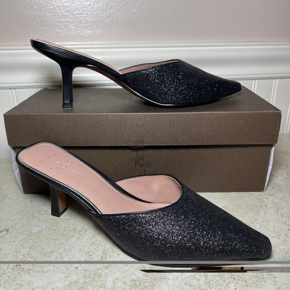 Linea Paolo Umi Black Glitter Pointed Toe Kitten Heel Mules Slides Size 9 Chic